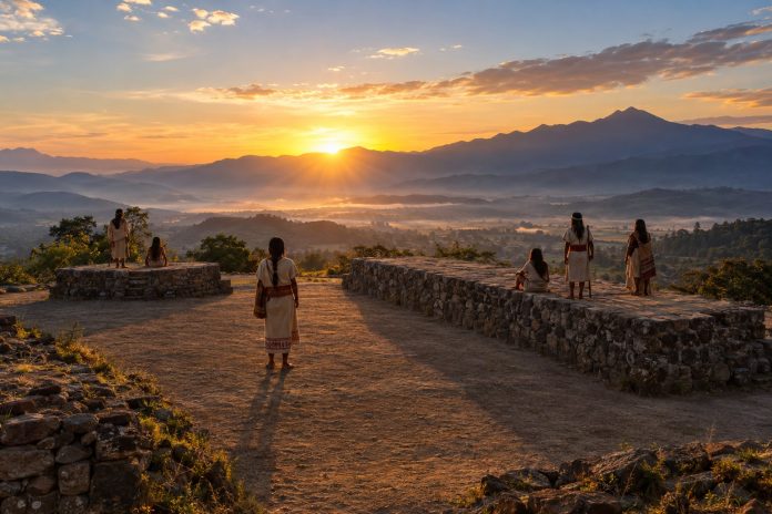 Ricostruzione editoriale del complesso preispanico di Teteles con il Sole che sorge dietro le montagne di Puebla