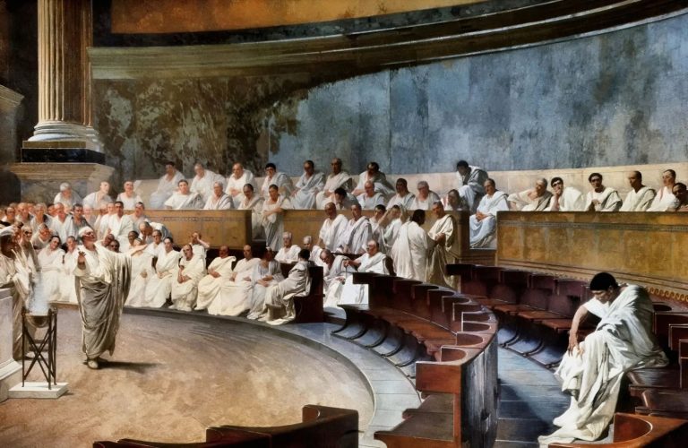 Patrizi e plebei nel Senato romano: Cicerone denuncia Catilina, affresco di Cesare Maccari