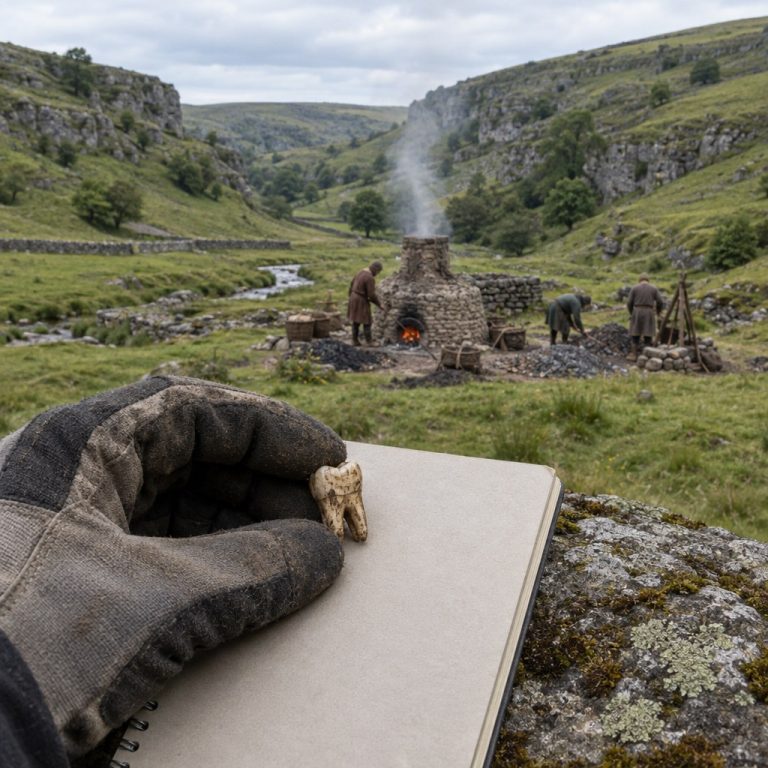 Ricostruzione illustrativa di un paesaggio minerario medievale del Peak District con archeologa che analizza un dente