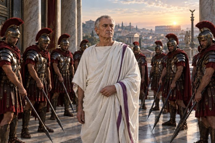 Pertinace davanti ai pretoriani nel 193 d.C. Ricostruzione illustrata di Pertinace davanti ai pretoriani nel palazzo imperiale di Roma nel 193 d.C.