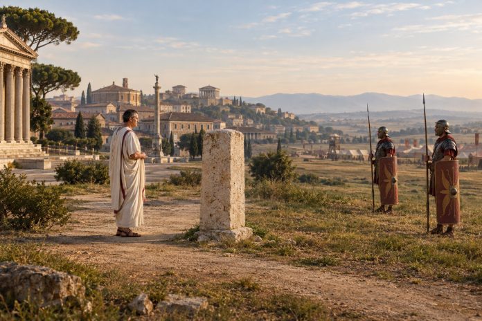 Il pomerio, confine sacro di Roma Ricostruzione artistica del pomerio di Roma con un cippo di confine in travertino presso il Campo Marzio
