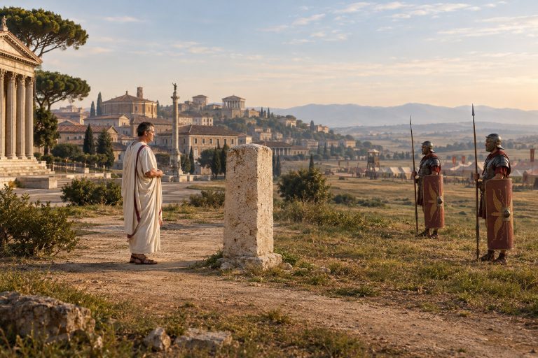 Ricostruzione artistica del pomerio di Roma con un cippo di confine in travertino presso il Campo Marzio