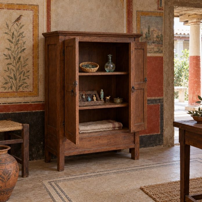 Armadio romano con amuleti e monete a Pompei Ricostruzione editoriale di un armadio romano a Pompei con amuleti d’infanzia, monete e contenitore intrecciato