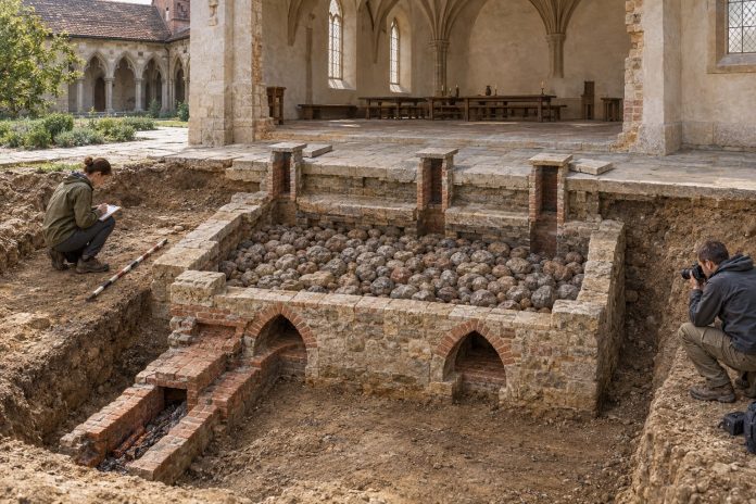 Impianto di riscaldamento medievale di Gnadental Ricostruzione editoriale dello scavo dell’impianto ad aria calda medievale del monastero di Gnadental a Basilea