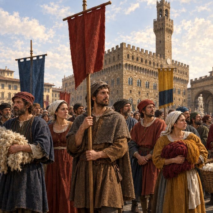 Lavoratori della lana riuniti in piazza della Signoria durante la rivolta dei Ciompi del 1378