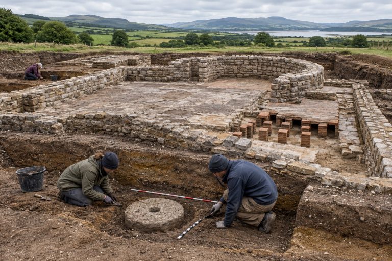 Scavo archeologico della villa romana di Rossett con pavimenti, ipocausto e una macina in pietra