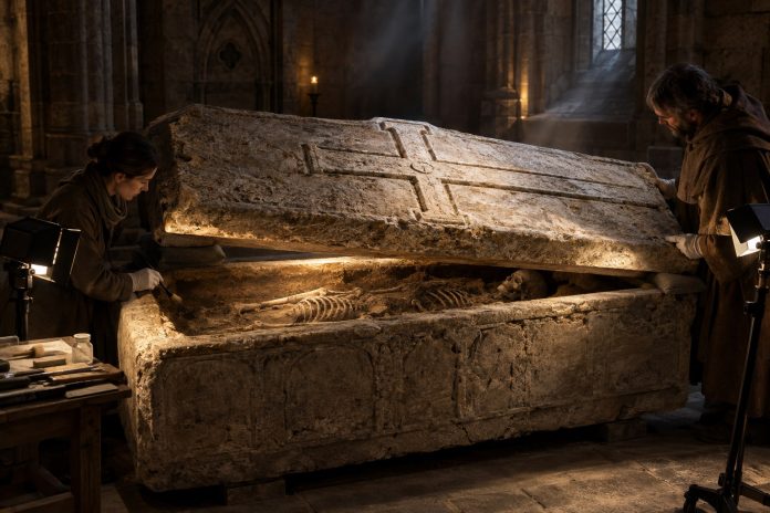 Ricostruzione editoriale del sarcofago romano di Westminster riutilizzato per la sepoltura di un abate medievale