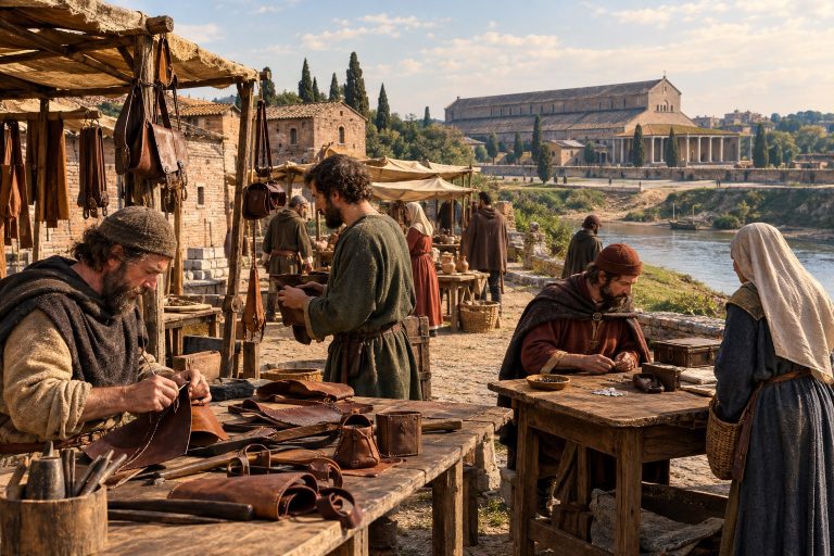 Ricostruzione editoriale della Schola Saxonum medievale vicino all'antica basilica di San Pietro a Roma
