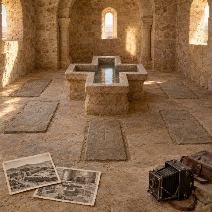 Le tombe bizantine nel battistero di Shivta Ricostruzione artistica del battistero bizantino di Shivta con le tombe inserite nel pavimento