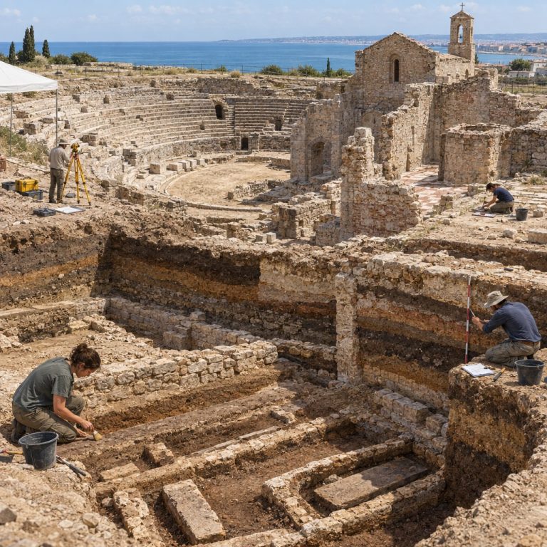 Illustrazione editoriale dello scavo archeologico di Siponto con il cimitero medievale e le strutture dell’anfiteatro romano