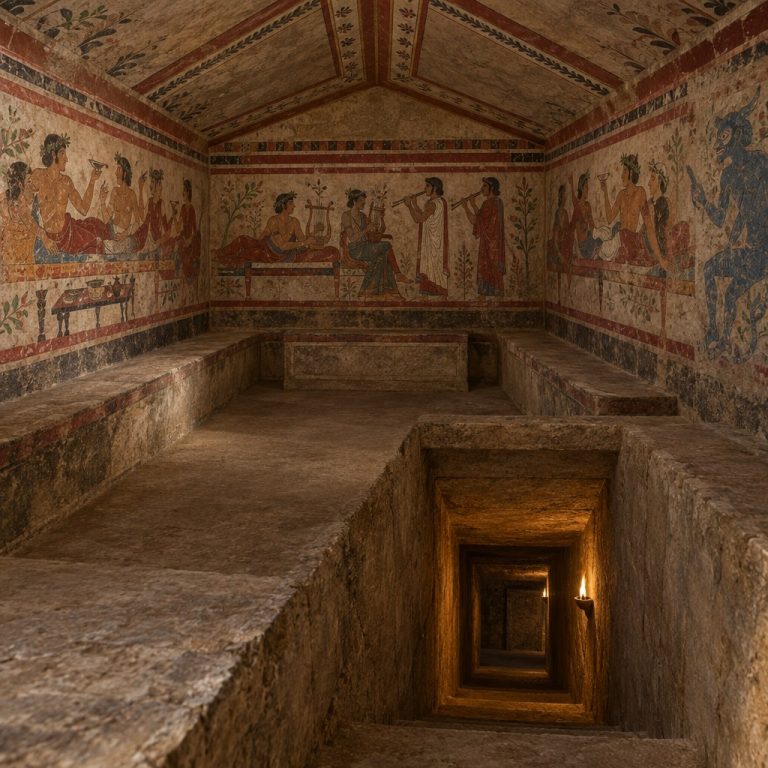 Ricostruzione illustrativa di una tomba etrusca dipinta di Tarquinia con scene rituali e figure dell’aldilà