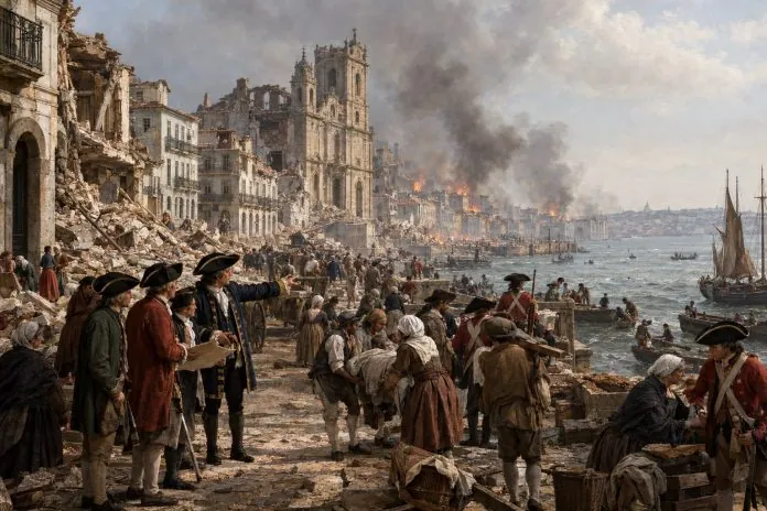 Ricostruzione editoriale di Lisbona dopo il terremoto, lo tsunami e gli incendi del 1° novembre 1755