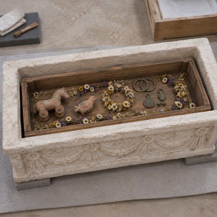 Sarcofago romano infantile di Tomis con giocattoli e ghirlande Ricostruzione editoriale di un sarcofago romano infantile di Tomis con giocattoli d’argilla e ghirlande di fiori
