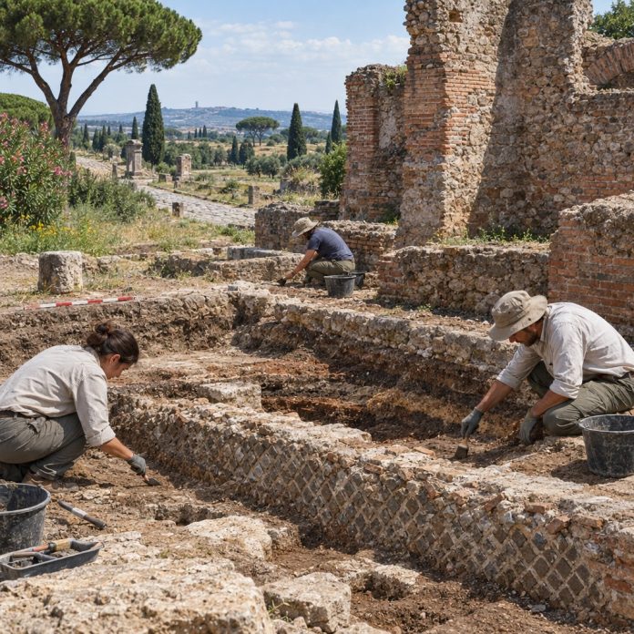 Ricostruzione illustrativa degli scavi archeologici alla Villa dei Tritoni lungo la Via Appia Antica a Roma