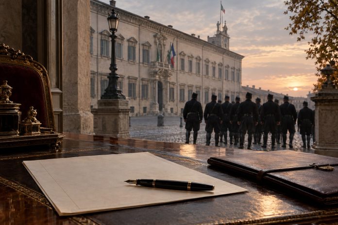Vittorio Emanuele III e la Marcia su Roma Illustrazione del Quirinale nell’ottobre 1922 con decreto non firmato e camicie nere sullo sfondo