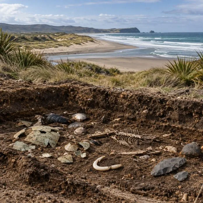Ricostruzione editoriale di un deposito archeologico costiero a Waihemo con gusci d’uovo di moa, conchiglie e strumenti