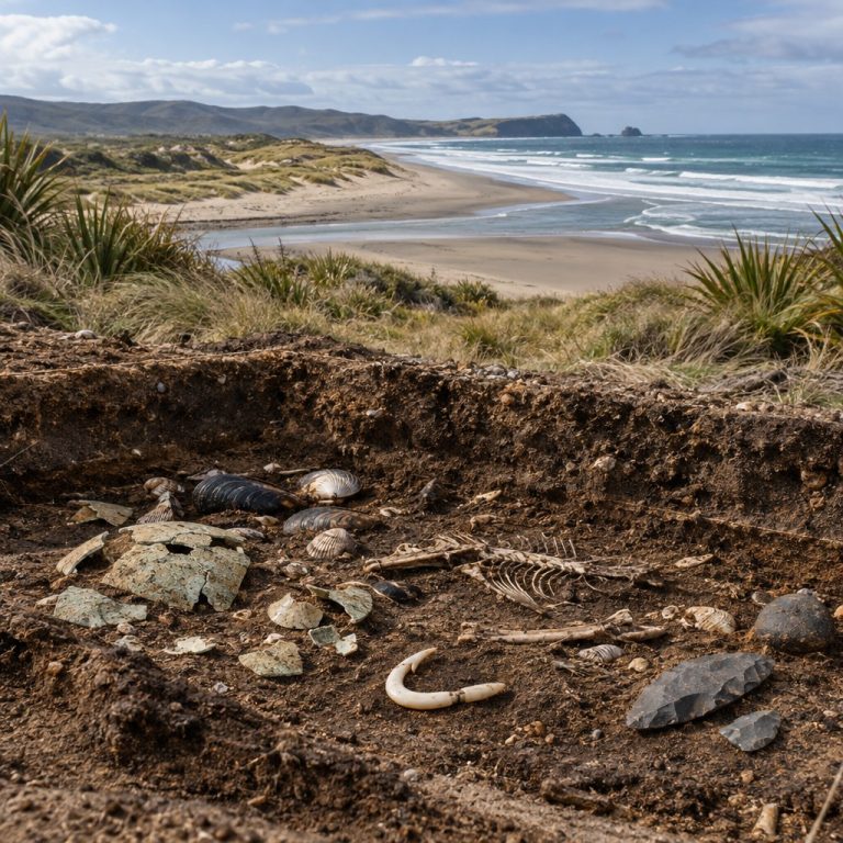 Ricostruzione editoriale di un deposito archeologico costiero a Waihemo con gusci d’uovo di moa, conchiglie e strumenti
